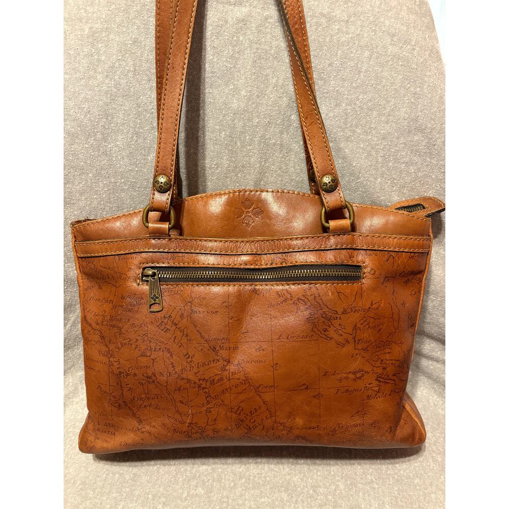 Brown Leather Tote Bag with Map-Print
